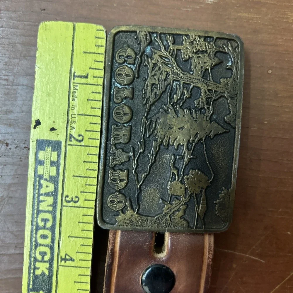 Vintage Adezy Solid Brass Colorado Belt Buckle 1975 Hand Tooled Leather Belt 34 Vintage Adezy Solid Brass Colorado Belt Buckle 1975 Hand  main image 3